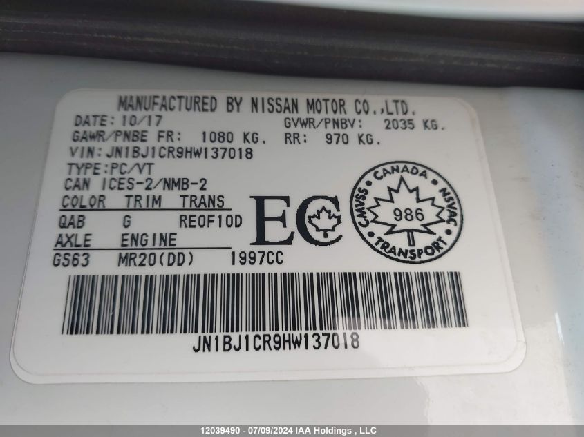 2017 Nissan Qashqai Sl VIN: JN1BJ1CR9HW137018 Lot: 12039490