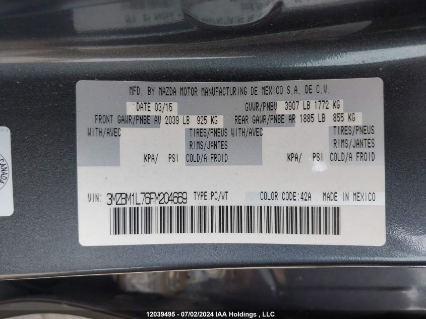 2015 Mazda 3 Touring VIN: 3MZBM1L76FM204669 Lot: 12039495