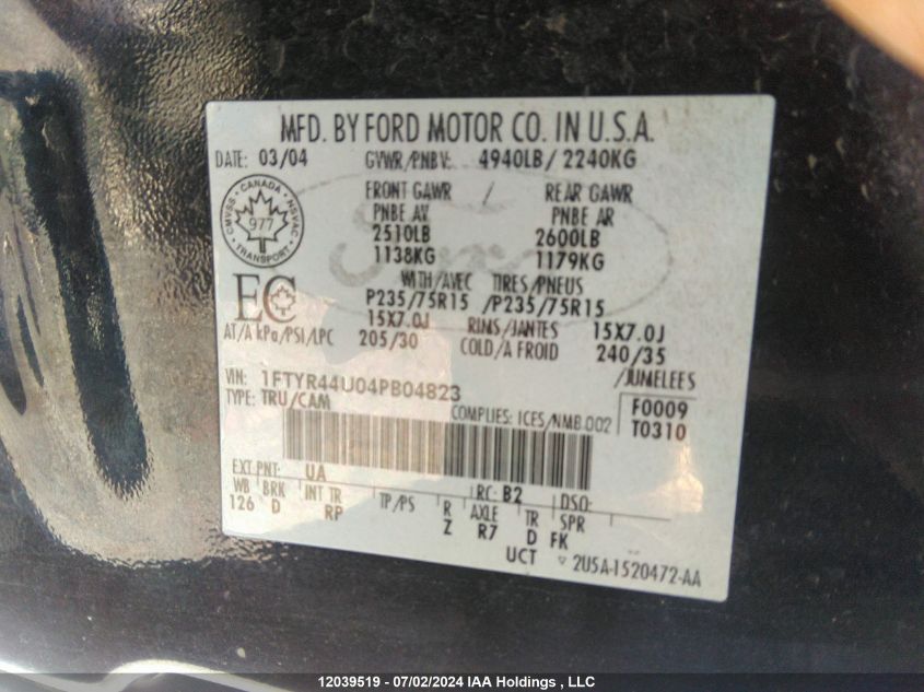 2004 Ford Ranger VIN: 1FTYR44U04PB04823 Lot: 12039519