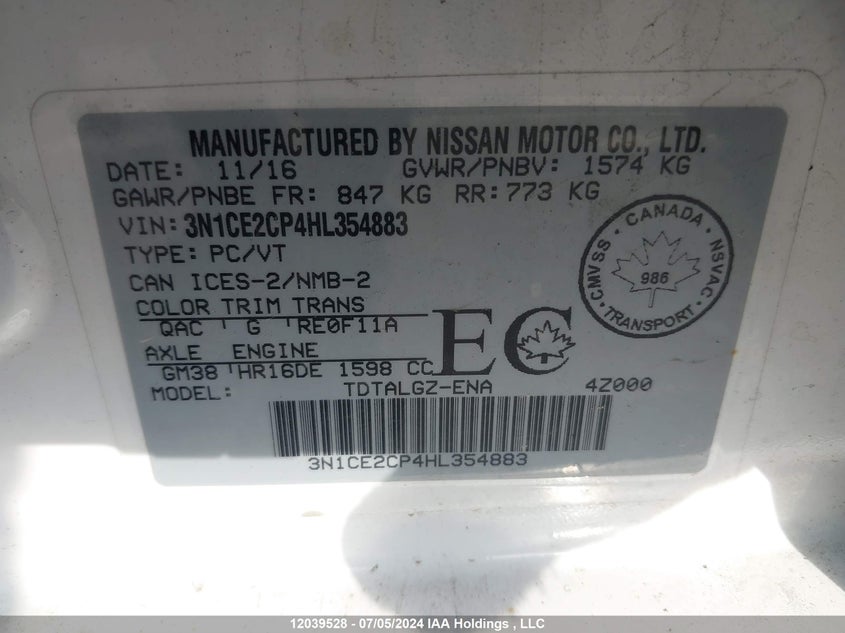 2017 Nissan Versa Note VIN: 3N1CE2CP4HL354883 Lot: 12039528