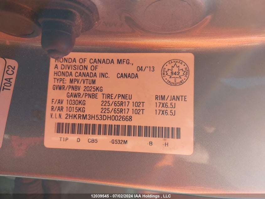 2013 Honda Cr-V VIN: 2HKRM3H53DH002668 Lot: 12039545