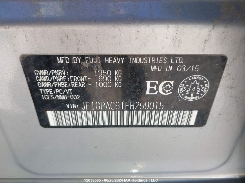 2015 Subaru Impreza Premium VIN: JF1GPAC61FH259015 Lot: 12039565