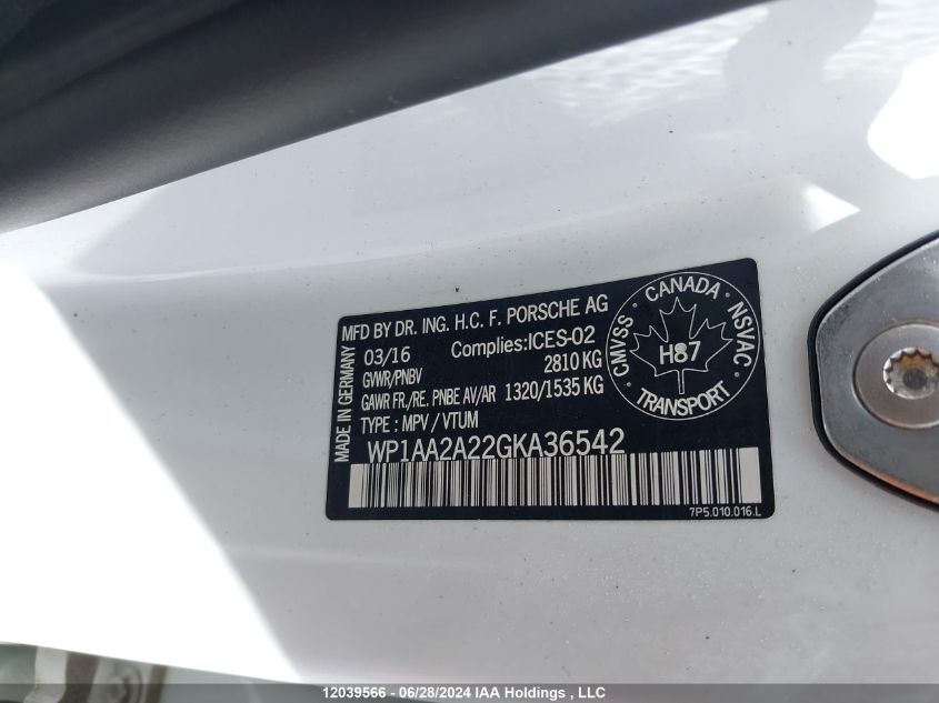 2016 Porsche Cayenne VIN: WP1AA2A22GKA36542 Lot: 12039566
