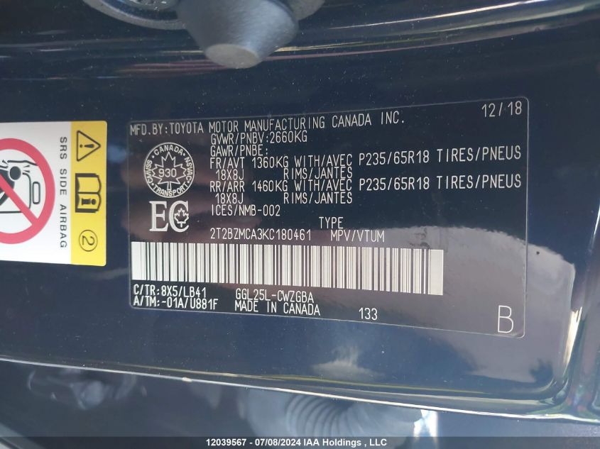 2019 Lexus Rx 350 VIN: 2T2BZMCA3KC180461 Lot: 12039567