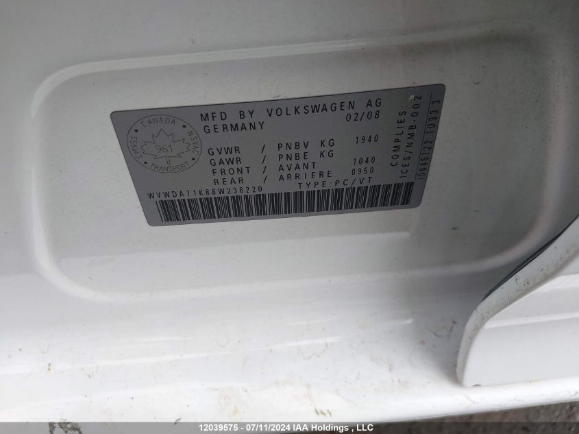 2008 Volkswagen Rabbit VIN: WVWDA71K88W236220 Lot: 12039575