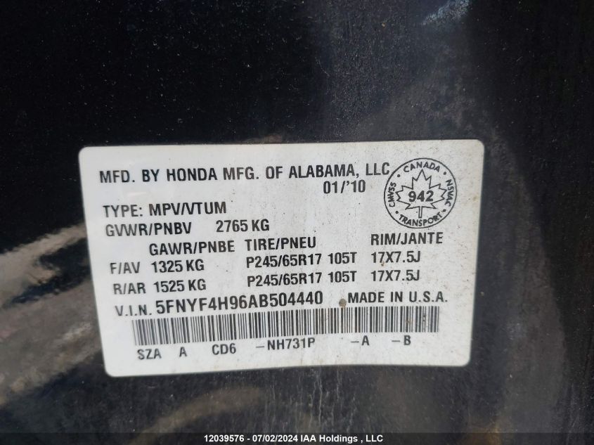 2010 Honda Pilot VIN: 5FNYF4H96AB504440 Lot: 12039576