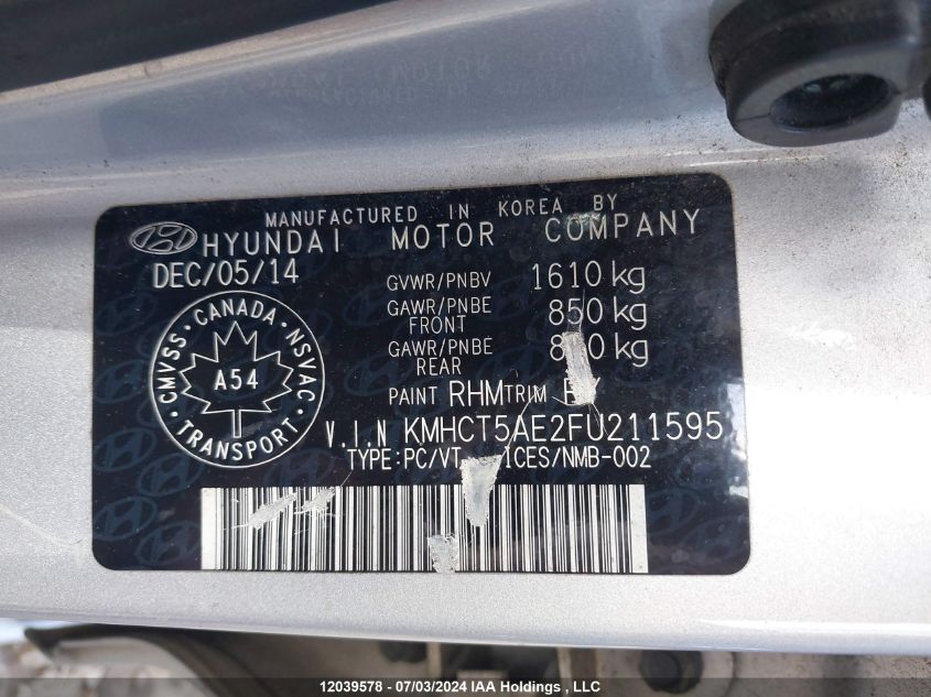 2015 Hyundai Accent VIN: KMHCT5AE2FU211595 Lot: 12039578