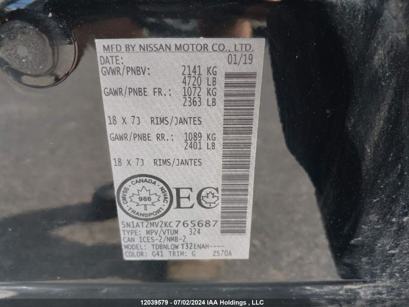 2019 Nissan Rogue VIN: 5N1AT2MV2KC765687 Lot: 12039579