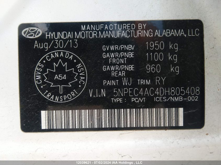 2013 Hyundai Sonata Se/Limited VIN: 5NPEC4AC4DH805408 Lot: 12039621