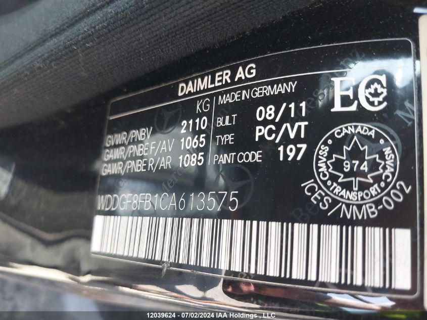 2012 Mercedes-Benz C-Class VIN: WDDGF8FB1CA613575 Lot: 12039624