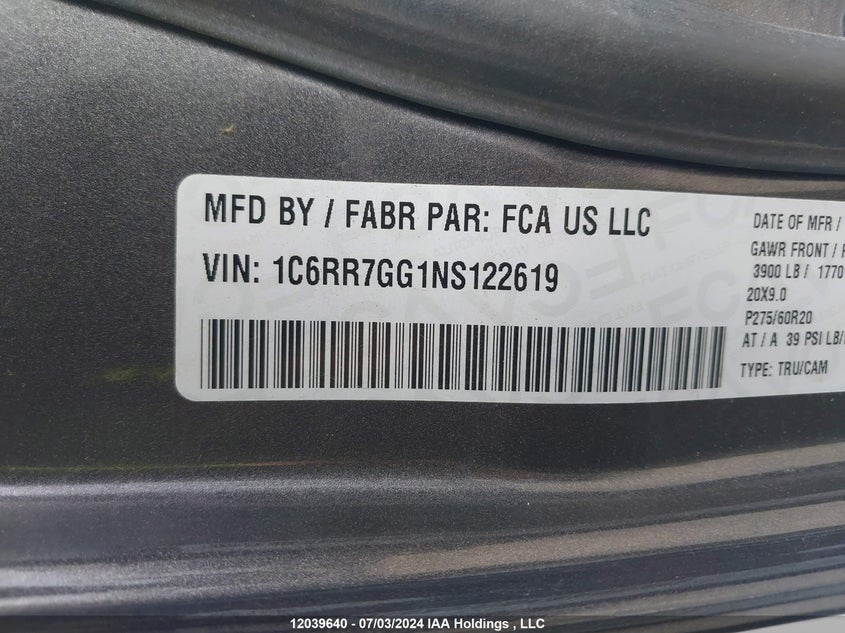 2022 Dodge Ram 1500 VIN: 1C6RR7GG1NS122619 Lot: 12039640