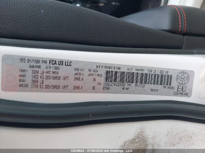 2017 Dodge Durango R/T VIN: 1C4SDJCT4HC870787 Lot: 12039643