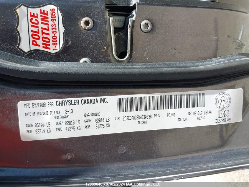 2013 Chrysler 300 Touring VIN: 2C3CCAAG9DH630238 Lot: 12039646