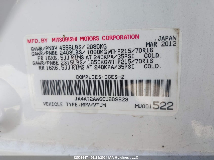 2012 Mitsubishi Outlander VIN: JA4AT2AW6CU609823 Lot: 12039647