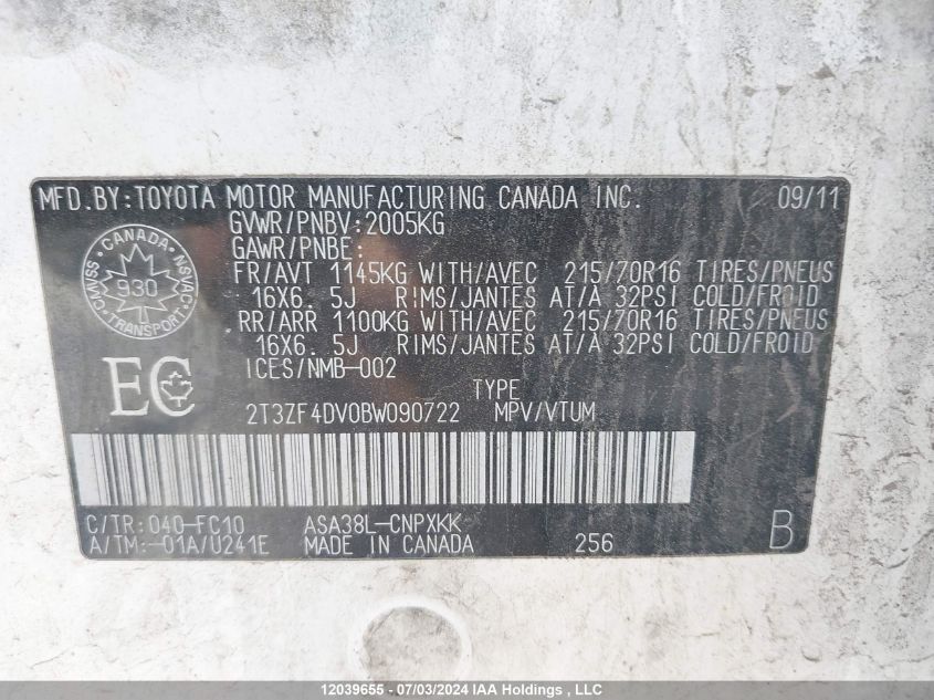 2011 Toyota Rav4 VIN: 2T3ZF4DV0BW090722 Lot: 12039655