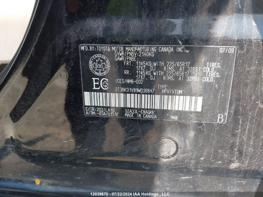 2009 Toyota Rav4 Limited VIN: 2T3BK31V89W010847 Lot: 12039670