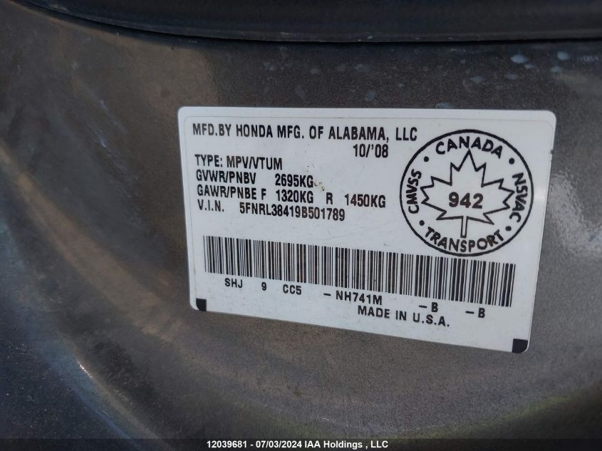 2009 Honda Odyssey VIN: 5FNRL38419B501789 Lot: 12039681