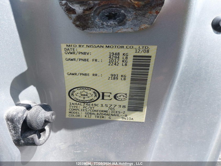 2009 Nissan Altima VIN: 1N4AL24E49C157738 Lot: 12039694