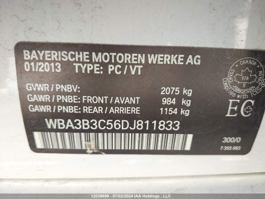 2013 BMW 3 Series VIN: WBA3B3C56DJ811833 Lot: 12039699