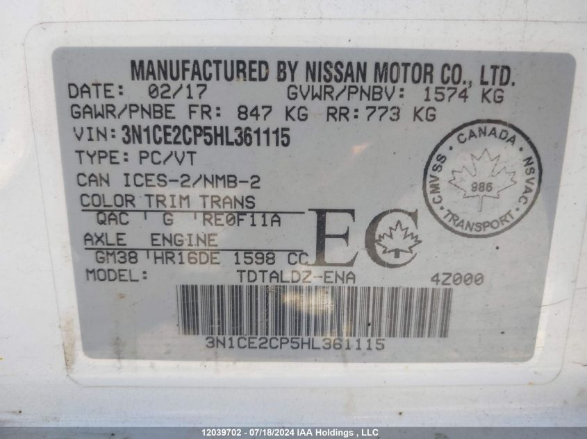 2017 Nissan Versa Note VIN: 3N1CE2CP5HL361115 Lot: 12039702