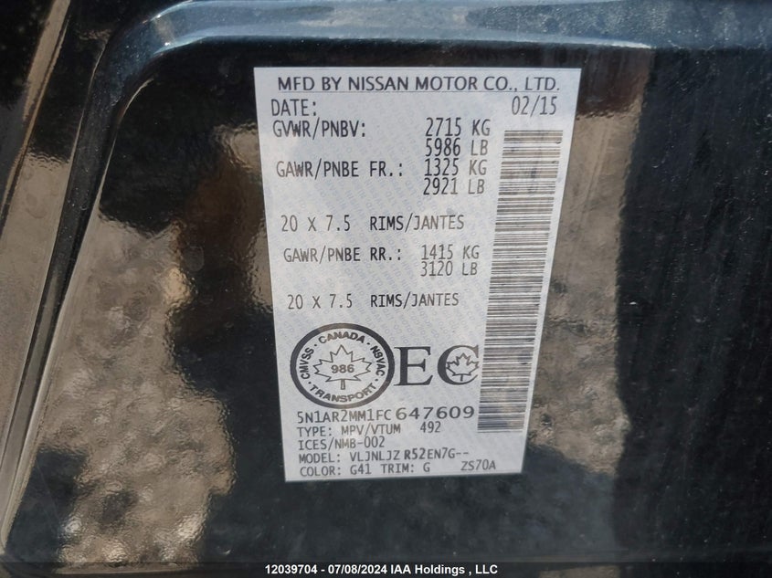 2015 Nissan Pathfinder VIN: 5N1AR2MM1FC647609 Lot: 12039704