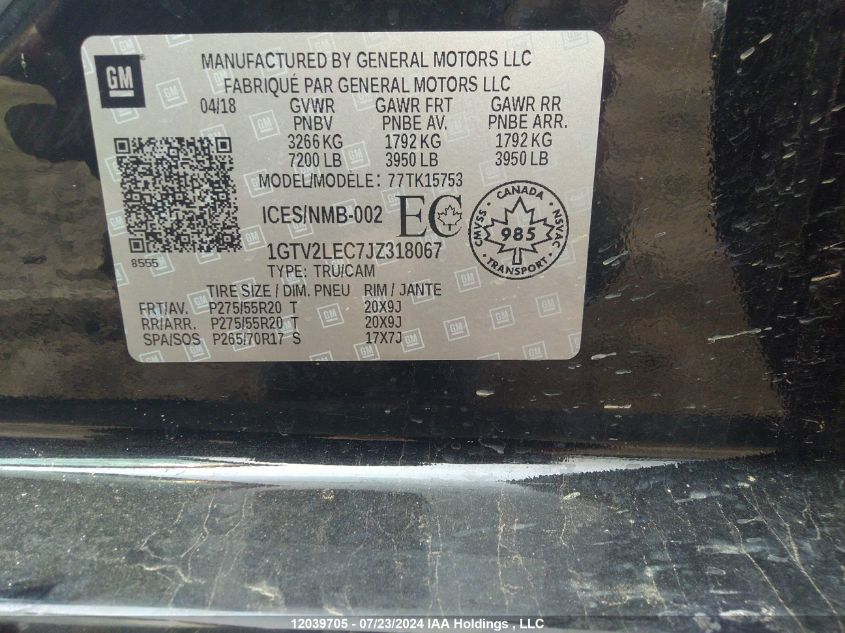 2018 GMC Sierra 1500 VIN: 1GTV2LEC7JZ318067 Lot: 12039705
