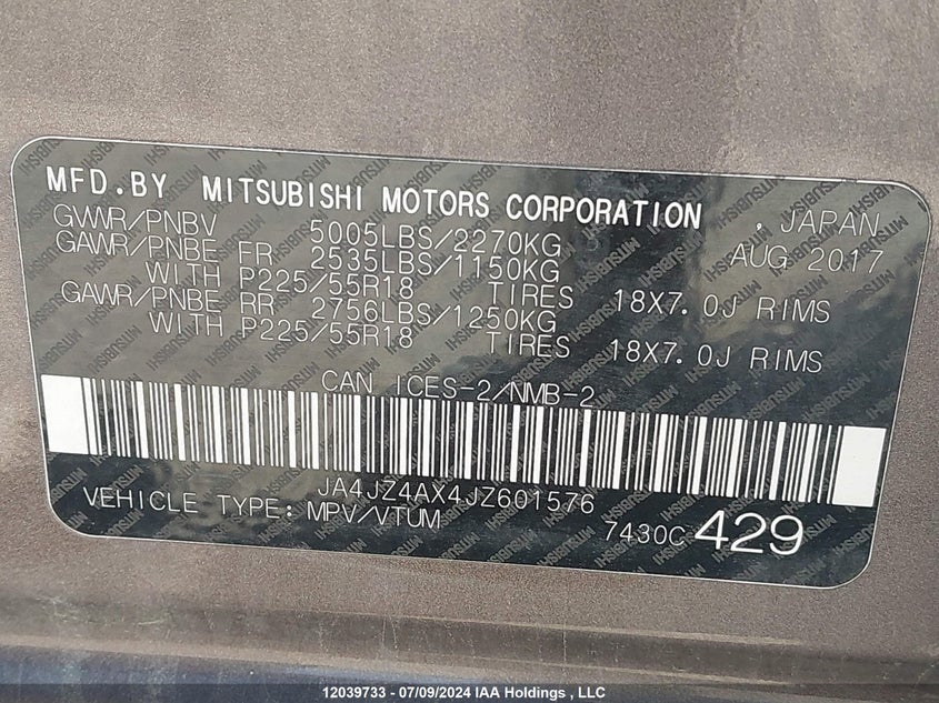 2018 Mitsubishi Outlander Gt VIN: JA4JZ4AX4JZ601576 Lot: 12039733