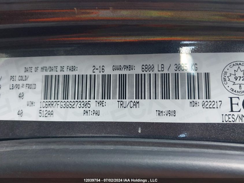 2016 Ram 1500 St VIN: 1C6RR7FG3GS273305 Lot: 12039754