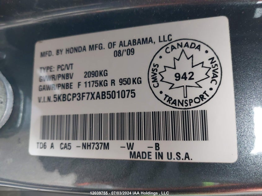 2010 Honda Accord Sedan VIN: 5KBCP3F7XAB501075 Lot: 12039755