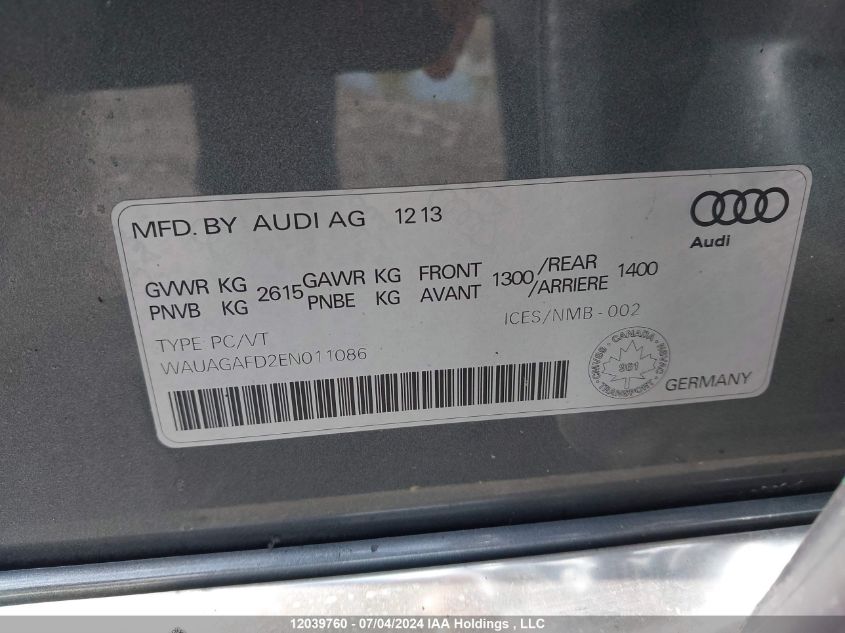 2014 Audi A8 VIN: WAUAGAFD2EN011086 Lot: 12039760