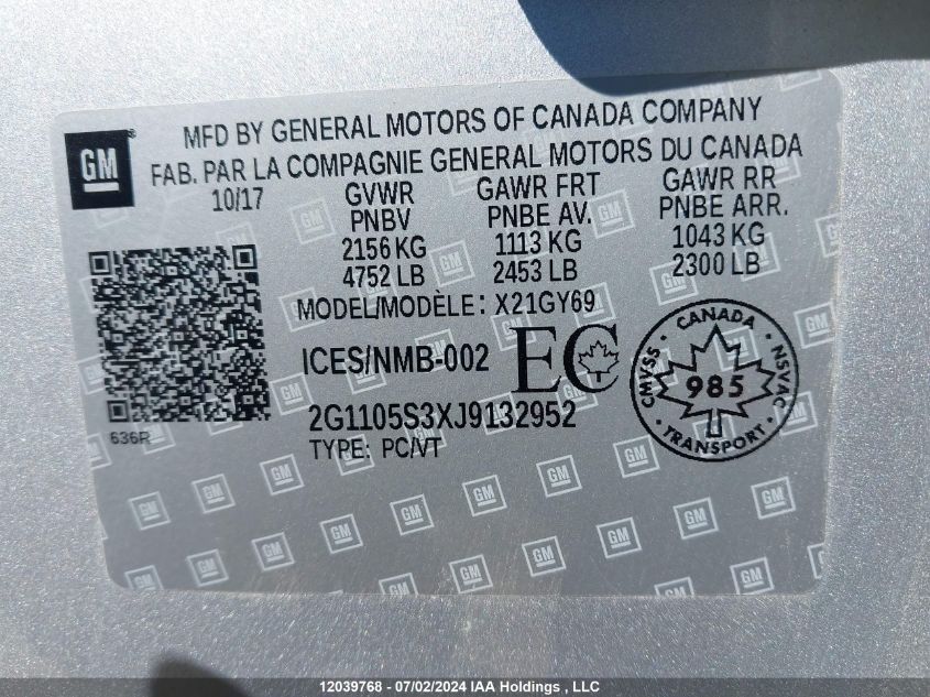 2018 Chevrolet Impala VIN: 2G1105S3XJ9132952 Lot: 12039768