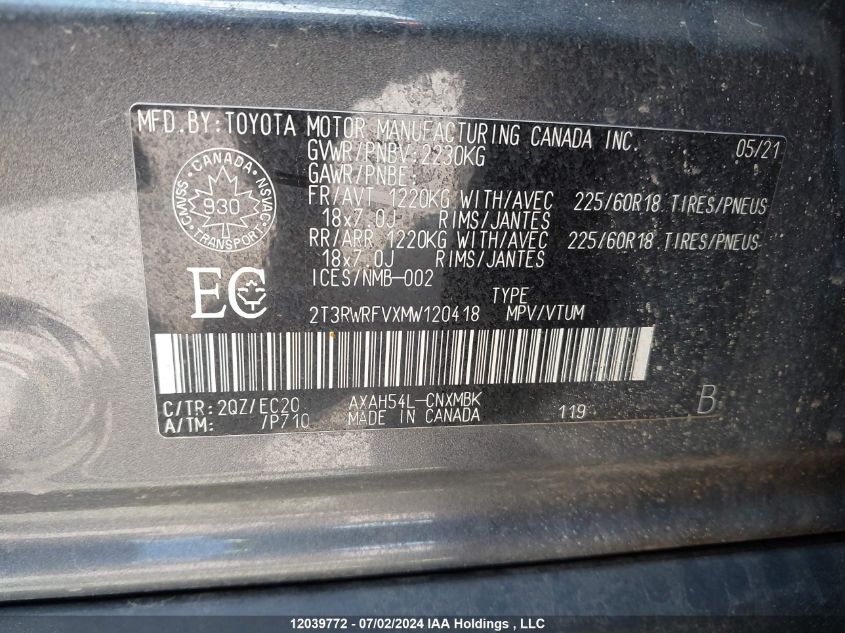 2021 Toyota Rav4 Hybrid Xle VIN: 2T3RWRFVXMW120418 Lot: 12039772