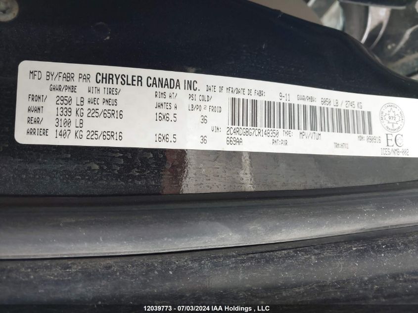 2012 Dodge Grand Caravan Se VIN: 2C4RDGBG7CR148350 Lot: 12039773