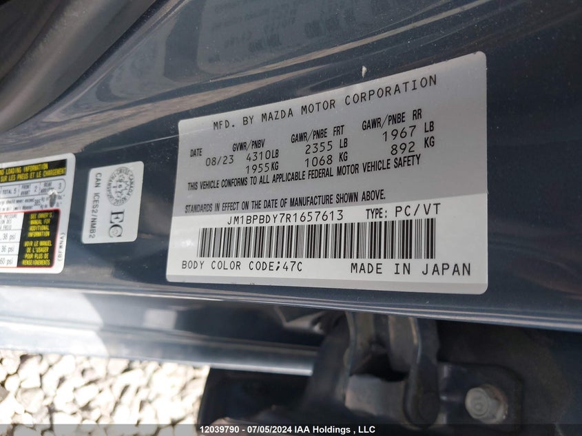 2024 Mazda Mazda3 VIN: JM1BPBDY7R1657613 Lot: 12039790
