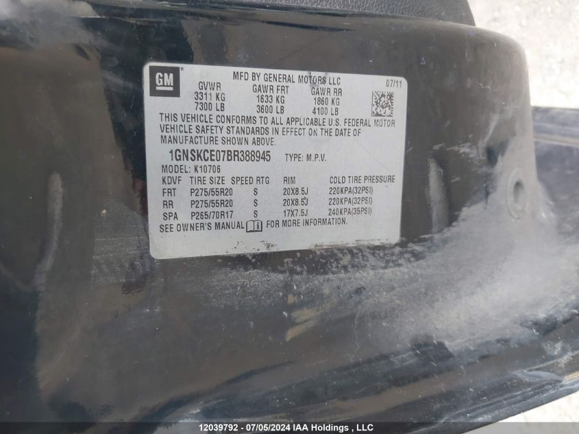 2011 Chevrolet Tahoe Ltz VIN: 1GNSKCE07BR388945 Lot: 12039792