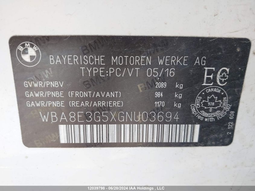 2016 BMW 328I xDrive VIN: WBA8E3G5XGNU03694 Lot: 12039798