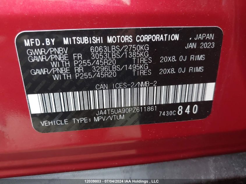 2023 Mitsubishi Outlander Phev VIN: JA4T5UA90PZ611861 Lot: 12039803