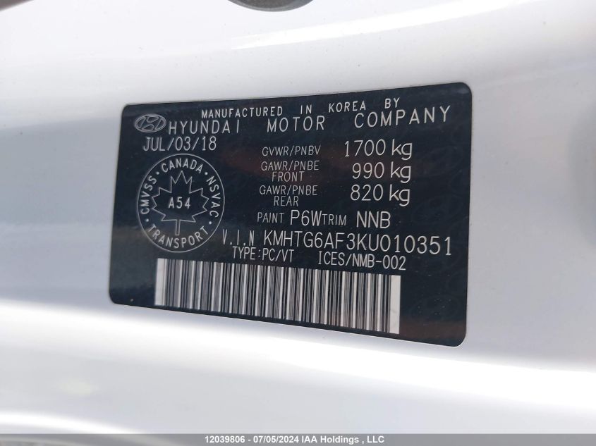 2019 Hyundai Veloster Premium VIN: KMHTG6AF3KU010351 Lot: 12039806