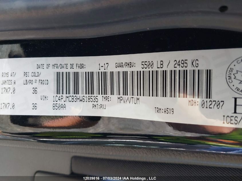 2017 Jeep Cherokee North VIN: 1C4PJMCB3HW618535 Lot: 12039816