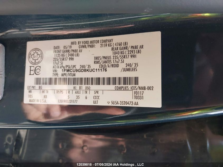 2019 Ford Escape Se VIN: 1FMCU9GD8KUC11176 Lot: 12039818