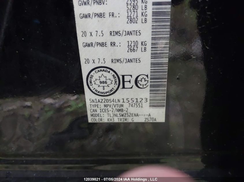 2020 Nissan Murano VIN: 5N1AZ2DS4LN155123 Lot: 12039821