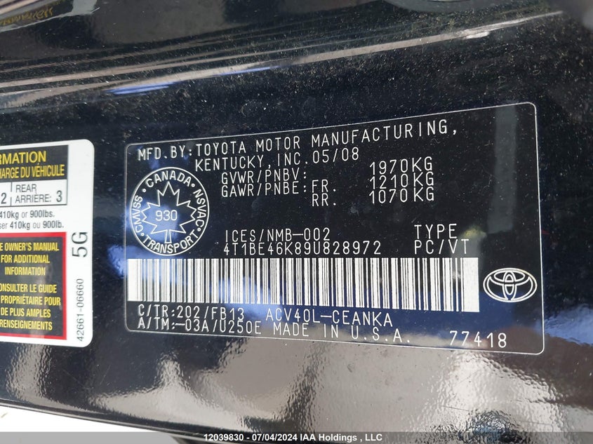 2009 Toyota Camry Le/Se VIN: 4T1BE46K89U828972 Lot: 12039830