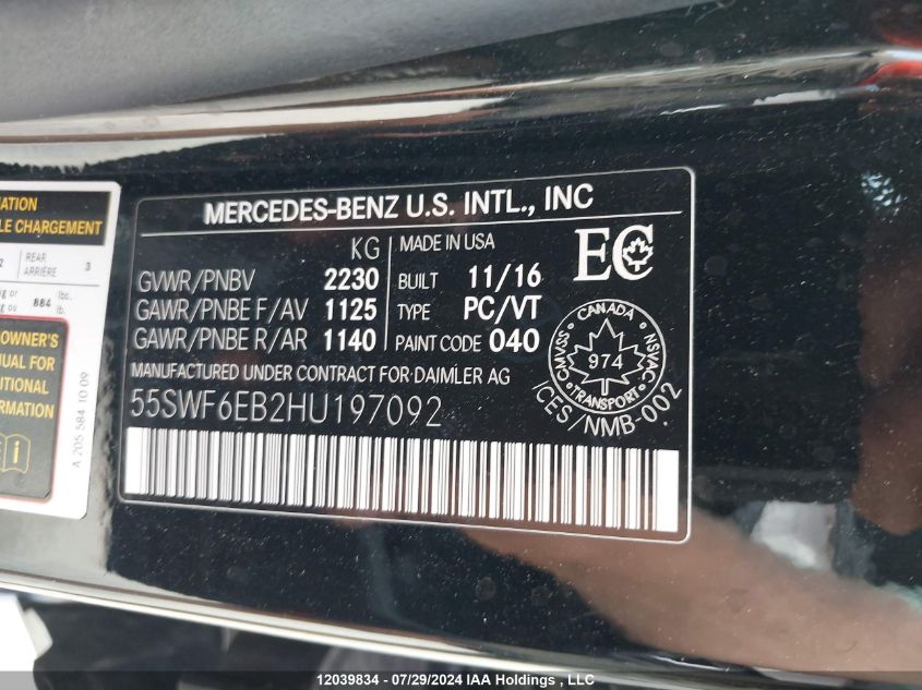 2017 Mercedes-Benz C-Class VIN: 55SWF6EB2HU197092 Lot: 12039834