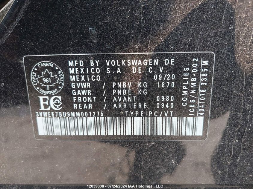 2021 Volkswagen Jetta VIN: 3VWE57BU9MM001275 Lot: 12039838