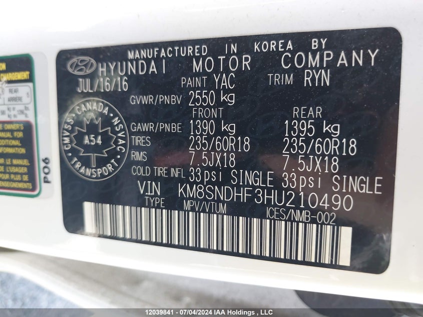 2017 Hyundai Santa Fe VIN: KM8SNDHF3HU210490 Lot: 12039841