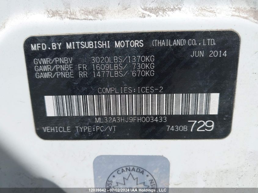 2015 Mitsubishi Mirage VIN: ML32A3HJ9FH003433 Lot: 12039842