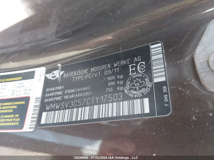 2012 Mini Cooper S VIN: WMWSV3C57CTY17503 Lot: 12039865