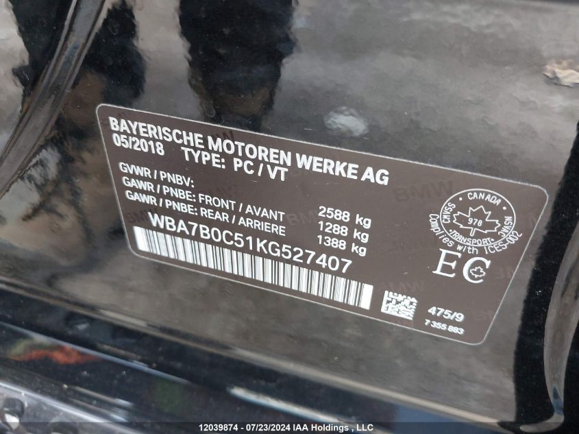 2019 BMW 7 Series VIN: WBA7B0C51KG527407 Lot: 12039874