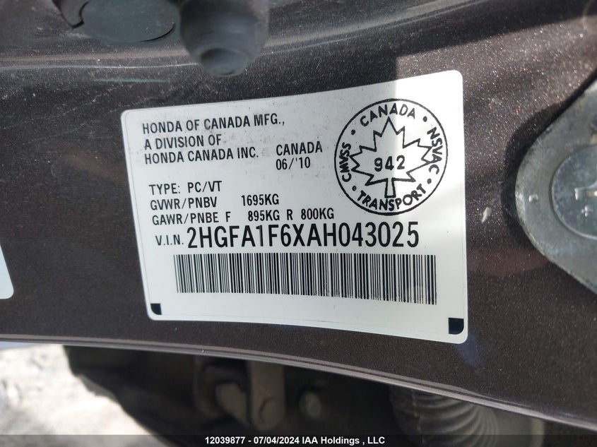 2010 Honda Civic Sdn VIN: 2HGFA1F6XAH043025 Lot: 12039877