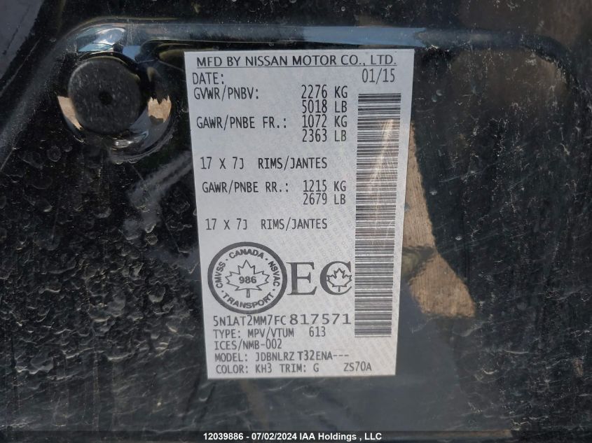 2015 Nissan Rogue VIN: 5N1AT2MM7FC817571 Lot: 12039886